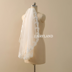 Lace Trim Wedding Veil, Short Fingertip Bridal Veil, Ivory Veil For Wedding