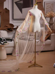 Embroidered Floral Tulle Bridal Cape Veil – Long Sheer Wedding Cape with Delicate Appliqué Edge