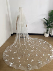 Cathedral Length Wedding Veil with 3D Floral Appliqués – Soft Tulle Romantic Bridal Veil