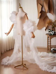 Dramatic Feathered Tulle Bridal Cape Train – Couture Sheer Wedding Overskirt with Soft Ruffle Edge