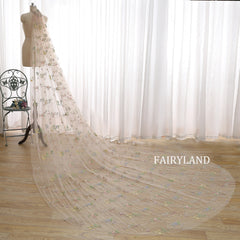 Champagne Tulle Wedding Veil Floral Embroidered Bridal Veil With Train