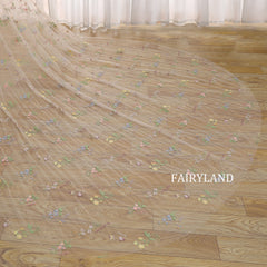 Champagne Tulle Wedding Veil Floral Embroidered Bridal Veil With Train