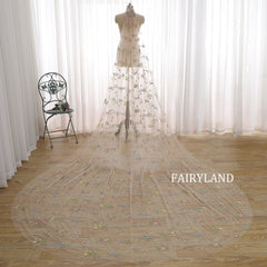 Champagne Tulle Wedding Veil Floral Embroidered Bridal Veil With Train