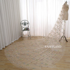 Champagne Tulle Wedding Veil Floral Embroidered Bridal Veil With Train