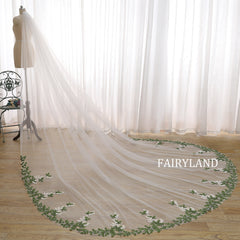 Cathedral Length Wedding Veil with Green Leaf & White Floral Embroidery – Boho Bride Long Train Veil