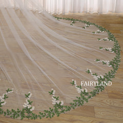 Cathedral Length Wedding Veil with Green Leaf & White Floral Embroidery – Boho Bride Long Train Veil