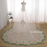 Cathedral Length Wedding Veil with Green Leaf & White Floral Embroidery – Boho Bride Long Train Veil