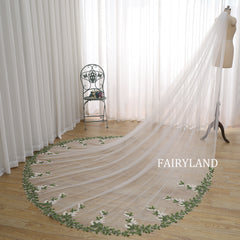 Cathedral Length Wedding Veil with Green Leaf & White Floral Embroidery – Boho Bride Long Train Veil