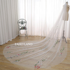 Floral Embroidered Cathedral Veil – Long Boho Bridal Train