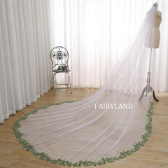 Floral Embroidered Cathedral Wedding Veil – Green Leaf Long Train