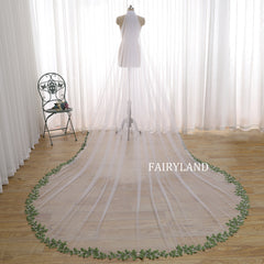 Floral Embroidered Cathedral Wedding Veil – Green Leaf Long Train