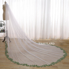 Floral Embroidered Cathedral Wedding Veil – Green Leaf Long Train