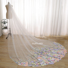 Fairy Purple Sunflower Bridal Veil, Colorful Pretty Sun Flower Wedding Veil 1 Tier 137" Ivory White Tulle Veil Cathedral Royal with Comb