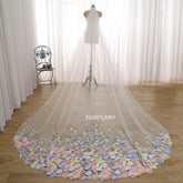 Fairy Purple Sunflower Bridal Veil, Colorful Pretty Sun Flower Wedding Veil 1 Tier 137" Ivory White Tulle Veil Cathedral Royal with Comb