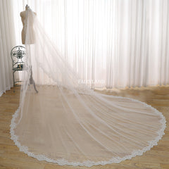 Cathedral Length Lace Edge Wedding Veil – Long Tulle Bridal Veil with Scalloped Embroidery by FAIRYLAND
