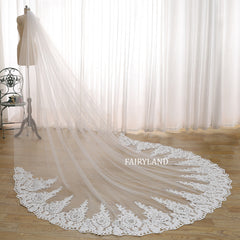 Cathedral Lace Appliqué Wedding Veil – Long Soft Tulle Bridal Veil with Scalloped Embroidered Edge by FAIRYLAND