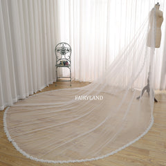 Cathedral Length Wedding Veil with Delicate Beaded Lace Edge – Soft Tulle Bridal Veil by FAIRYLAND