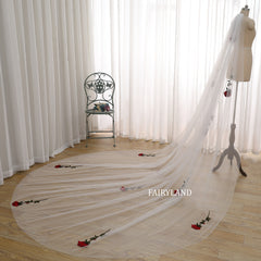 Romantic Rose Embroidered Cathedral Veil – Long Wedding Train Veil with Red Floral Appliqués