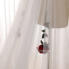 Romantic Rose Embroidered Cathedral Veil – Long Wedding Train Veil with Red Floral Appliqués