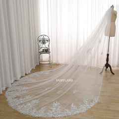 Bridal Veil with Sequins Leaf Embroidery – Long Soft Tulle Wedding Veil featuring Scalloped Floral Edge by FAIRYLAND