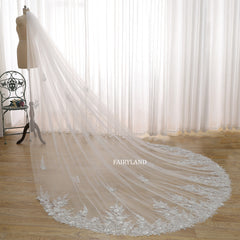 Bridal Veil with Sequins Leaf Embroidery – Long Soft Tulle Wedding Veil featuring Scalloped Floral Edge by FAIRYLAND