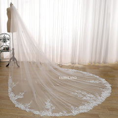 Cathedral Length Wedding Veil with Floral Embroidered Lace Appliqué – Soft Tulle Bridal Veil by FAIRYLAND