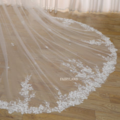 Cathedral Length Wedding Veil with Floral Embroidered Lace Appliqué – Soft Tulle Bridal Veil by FAIRYLAND