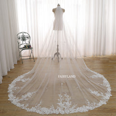 Cathedral Length Wedding Veil with Floral Embroidered Lace Appliqué – Soft Tulle Bridal Veil by FAIRYLAND