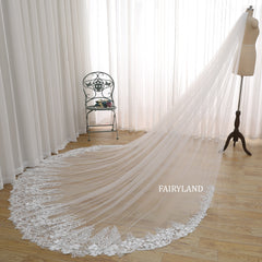 Cathedral Length Wedding Veil with Sequins Appliqué – Soft Tulle Bridal Veil with Elegant Scalloped Train