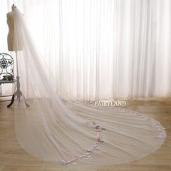 Wedding Veil with Pink Floral Embroidered Appliqué – Long Soft Tulle Bridal Veil with 3D Flowers