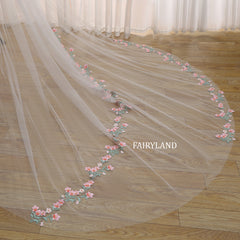 Wedding Veil with Pink Floral Embroidered Appliqué – Long Soft Tulle Bridal Veil with 3D Flowers