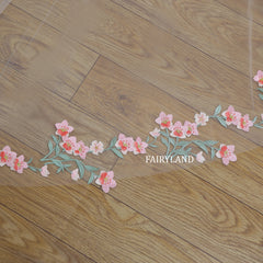 Wedding Veil with Pink Floral Embroidered Appliqué – Long Soft Tulle Bridal Veil with 3D Flowers