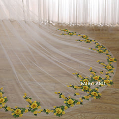 Long Cathedral Wedding Veil with Yellow Floral Embroidery | Romantic Bridal Veil | Fairyland Lace Edge Veil