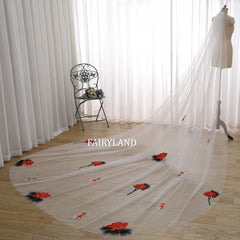 Cathedral Length Wedding Veil with Red Lotus and Koi Embroidery | Oriental Bridal Veil by FAIRYLAND