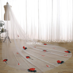 Cathedral Length Wedding Veil with Red Lotus and Koi Embroidery | Oriental Bridal Veil by FAIRYLAND