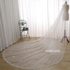 Cathedral Length Wedding Veil with 3D Butterflies and Floral Lace Edge | Fairyland Romantic Bridal Veil