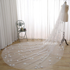 Cathedral Length Wedding Veil with 3D Floral Appliqué | Romantic Long Bridal Veil by FAIRYLAND