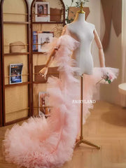 Pink Ruffled Tulle Bridal Robe with Long Train – Sheer Photoshoot Gown by FAIRYLAND