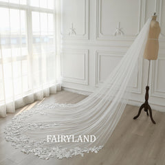Veil Bridal Pearl 3D Scattered Small Florals, Floral Lace Wedding Veil 1 Tier 118" Cathedral, Lace Wedding Veil Custom Lengt with Comb