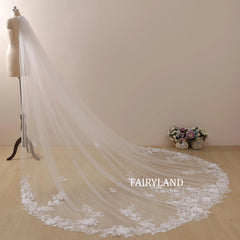 Floral Lace Cathedral Veil with Pearls, Handmade Wedding Veil
