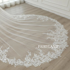 Elegant Lace Flower Wedding Veil, Sequin Flower Bridal Veil 1 Tier 137" Long Lace Veil Cathedral Length Royal Veil 137" with Comb