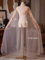 Butterfly Fairy Hooded Tulle Cape – Sheer Bridal Cloak with 3D Butterfly Appliqués