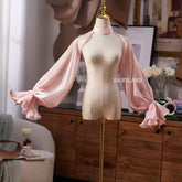 Elegant Sheer Pink Chiffon Bridal Bolero – High Neck Open-Shoulder Wrap with Puffy Lantern Sleeves