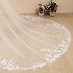 Floral Lace Cathedral Wedding Veil - Vintage Flowery Design
