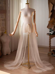 Sheer Tulle Bridal Cape with Long Sleeves – Soft Wedding Cape Wrap with Front Tie