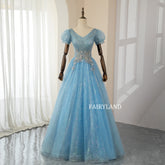 Elegant Blue Lace Flower Sequins Prom Dresses Ball Gown