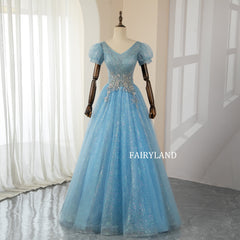 Elegant Blue Lace Flower Sequins Prom Dresses Ball Gown