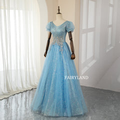 Elegant Blue Lace Flower Sequins Prom Dresses Ball Gown