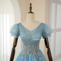 Elegant Blue Lace Flower Sequins Prom Dresses Ball Gown