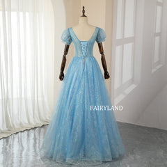 Elegant Blue Lace Flower Sequins Prom Dresses Ball Gown